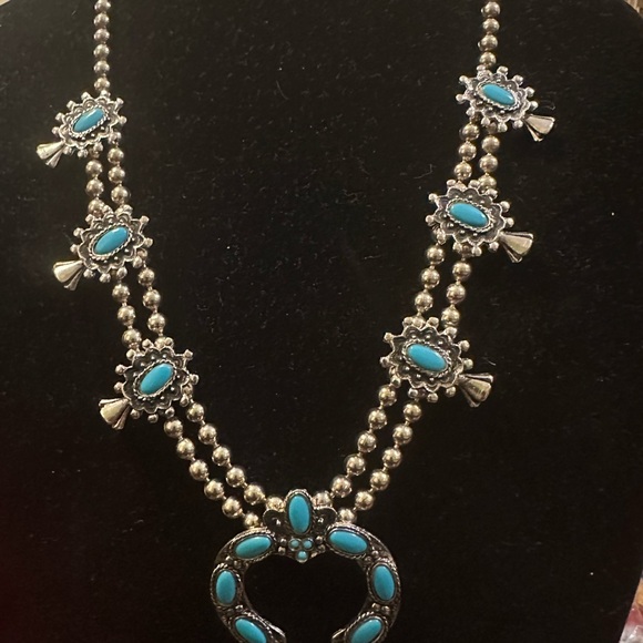Southwestern Squash Blossom Necklace Turquoise Color Double Strand 28in - Picture 8 of 9